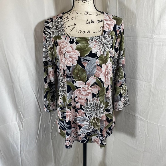 C Est. 1946 Stretch Square Neck Flower Print Casual Long Sleeve Blouse Sz M - Picture 1 of 8